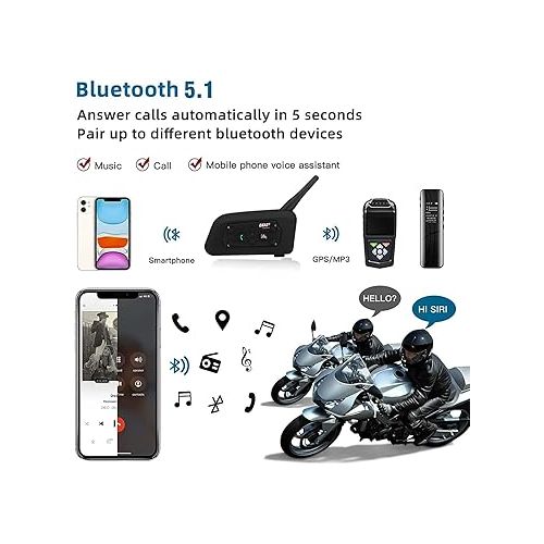  EJEAS V6 Pro Motorcycle Bluetooth Headset, 2 Riders Intercom Bluetooth 5.1 Helmet Communication System with Hands-Free Call and Noise Reduction for Motorcycling Skiing and Climbing (2 Pack)