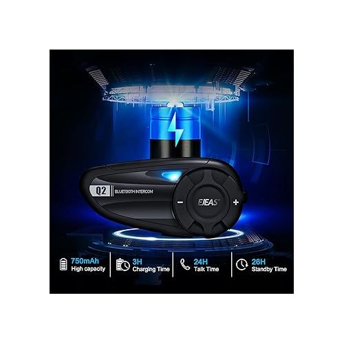  EJEAS Q2 Motorcycle Helmet Bluetooth Intercom Headset, Communication System, Intercomunicador para Casco De Moto, for 2 Motorcycle Riders Within 800M, Auto-Answer The Call, FM Radio, Type-C 1 Pack