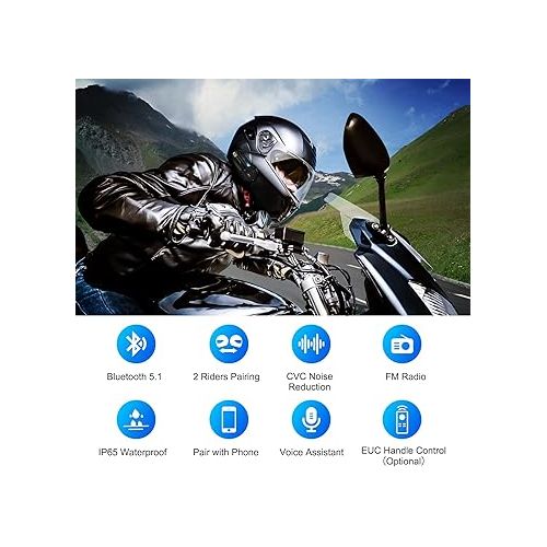  EJEAS Q2 Motorcycle Helmet Bluetooth Intercom Headset, Communication System, Intercomunicador para Casco De Moto, for 2 Motorcycle Riders Within 800M, Auto-Answer The Call, FM Radio, Type-C 1 Pack