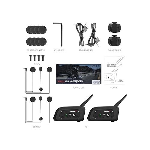  EJEAS Vnetphone V6 Motorcycle Bluetooth Headset, 2 Riders Intercom Bluetooth 5.1 Helmet Communication System with Hands-Free Call and Noise Reduction for Motorcycling Skiing and Climbing (2 Pack)