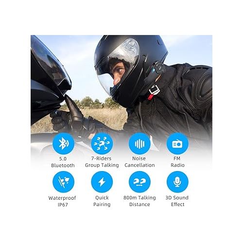  EJEAS Motorcycle Bluetooth Intercom with FM Radio, Q7 5.0 Bluetooth Motorcycle Helmet Bluetooth Headset Communication with Noise Cancellation Up to 7 Riders with Noise Cancellation, FM, Waterproof