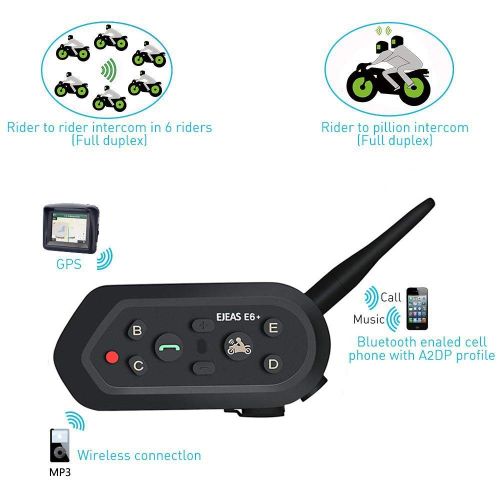  EJEAS E6 Plus Motorcycle Bluetooth Helmet Intercom VOX Voice Trigger Microphone Remote Hand Bar, 1200m Waterproof Windproof Motorsport Wireless Interphone Headset Memory Pairing fo