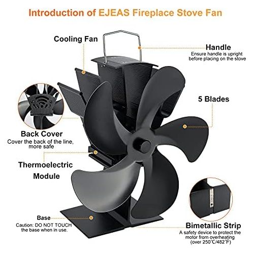  EJEAS Heat Powered Stove Fan, 5 Blades Silent Wood Stove Fan Circulating Warm Air Saving Fuel Efficiently for Wood/Pellet Stove/Fireplace with Thermometer,Best Christmas Gifts