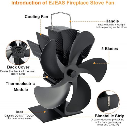  EJEAS Heat Powered Stove Fan, 5 Blades Silent Wood Stove Fan Circulating Warm Air Saving Fuel Efficiently for Wood/Pellet Stove/Fireplace with Thermometer,Best Christmas Gifts