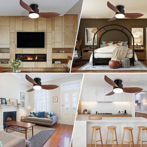  EKIZNSN 46 Modern Small Flush Mount Ceiling Fan with Light and Remote, Low Profile Ceiling Fans with 3 Blades for Living Room/ Bedroom, Matte Black