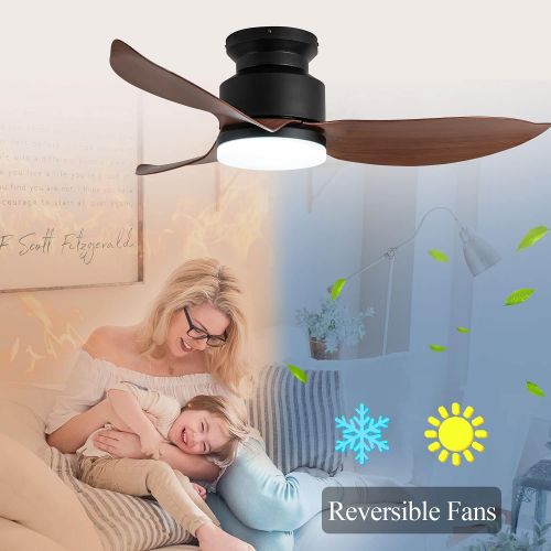  EKIZNSN 46 Modern Small Flush Mount Ceiling Fan with Light and Remote, Low Profile Ceiling Fans with 3 Blades for Living Room/ Bedroom, Matte Black