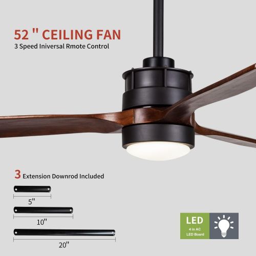  EKIZNSN 52 Inch Outdoor Black Ceiling Fan with Lights and Remote Control for Farmhouse/ Patios, 3 Walnut Wood Blades, 3 Downrod Included