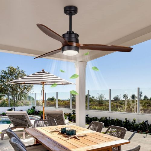  EKIZNSN 52 Inch Outdoor Black Ceiling Fan with Lights and Remote Control for Farmhouse/ Patios, 3 Walnut Wood Blades, 3 Downrod Included