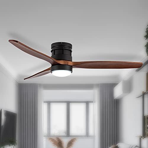  EKIZNSN 52 Inch Modern Outdoor Flush Mount Ceiling Fan with Lights Remote Control, Low Profile Wood Ceiling Fan with 3 Blades for Bedroom/ Living Room, Matte Black