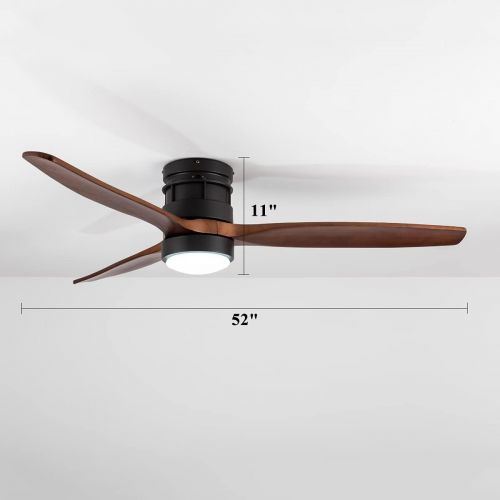  EKIZNSN 52 Inch Modern Outdoor Flush Mount Ceiling Fan with Lights Remote Control, Low Profile Wood Ceiling Fan with 3 Blades for Bedroom/ Living Room, Matte Black