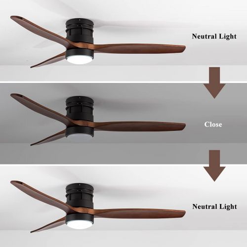  EKIZNSN 52 Inch Modern Outdoor Flush Mount Ceiling Fan with Lights Remote Control, Low Profile Wood Ceiling Fan with 3 Blades for Bedroom/ Living Room, Matte Black