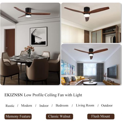  EKIZNSN 52 Inch Modern Outdoor Flush Mount Ceiling Fan with Lights Remote Control, Low Profile Wood Ceiling Fan with 3 Blades for Bedroom/ Living Room, Matte Black