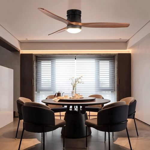  EKIZNSN 52 Inch Modern Outdoor Flush Mount Ceiling Fan with Lights Remote Control, Low Profile Wood Ceiling Fan with 3 Blades for Bedroom/ Living Room, Matte Black