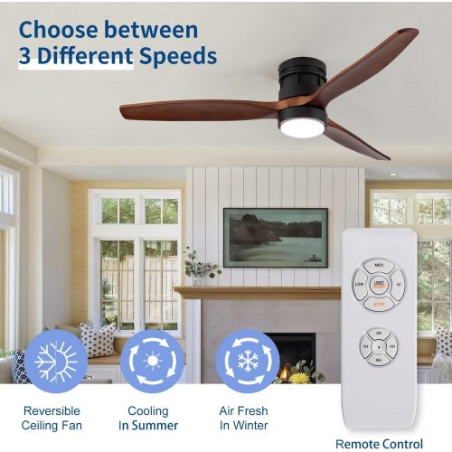  EKIZNSN 52 Inch Modern Outdoor Flush Mount Ceiling Fan with Lights Remote Control, Low Profile Wood Ceiling Fan with 3 Blades for Bedroom/ Living Room, Matte Black
