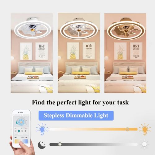  EKIZNSN 2022 Upgraded White Modern Indoor Flush Mount Ceiling Fan with Lights Remote Control, Remote & APP Control Low Profile Bladeless Ceiling Fans for Bedroom/ Living Room/ Small Space