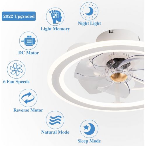  EKIZNSN 2022 Upgraded White Modern Indoor Flush Mount Ceiling Fan with Lights Remote Control, Remote & APP Control Low Profile Bladeless Ceiling Fans for Bedroom/ Living Room/ Small Space