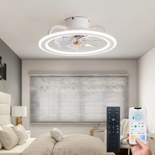  EKIZNSN 2022 Upgraded White Modern Indoor Flush Mount Ceiling Fan with Lights Remote Control, Remote & APP Control Low Profile Bladeless Ceiling Fans for Bedroom/ Living Room/ Small Space