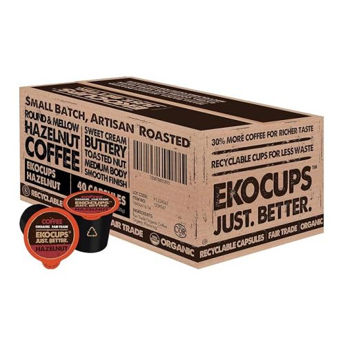  EKOCUPS Organic Hazelnut Flavored Coffee Pods, Extra 30% More Coffee Per Cup, Artisan Fair Trade Medium Roast, Hazelnut Coffee K Cups for Keurig K Cup Machines, Recyclable Pods, 40 Count