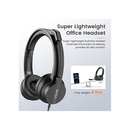  USB Headset with Microphone for PC Laptop, Wired Computer Headset Environmental Noise Canceling Headphones with Mic Mute & Volume Control, On Ear Lightweight Comfort for Work, Office/Call Center/Skype