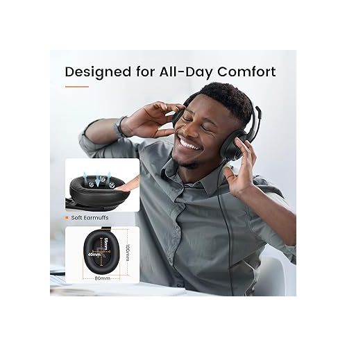  EKSA Headset with Microphone for Laptop, Wired Computer Headset with Volume & Mic Mute Controls, Lightweight PC Headphones for Office Call Center Skype (Over Ear USB Headset with AI ENC)