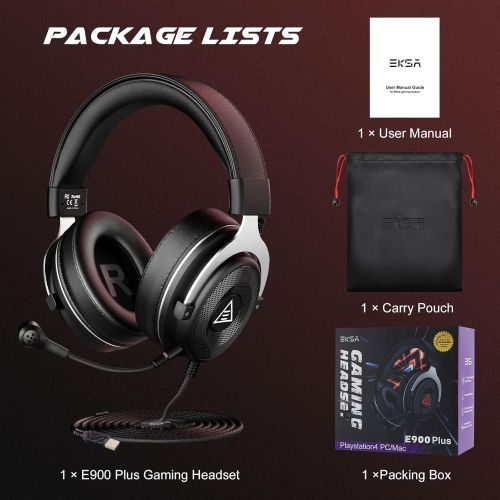  EKSA E900 Plus Gaming Headset for PS4 PS5 Pc with Detachable Noise Cancelling Microphone, 7.1 Surround Sound, 50mm Drivers, Premium Memory Foam Earpads, Wired Over-Ear USB Gaming H