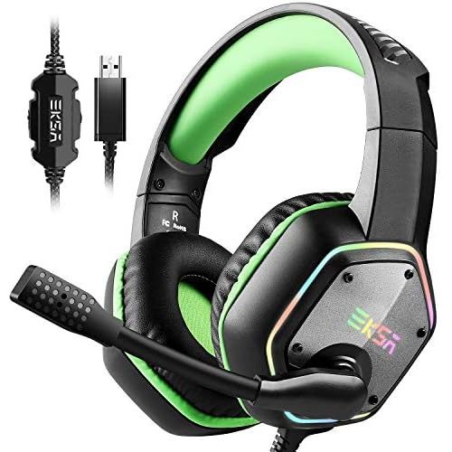  EKSA Gaming Headset with 7.1 Surround Sound Stereo, PS4 USB Headphones with Noise Canceling Mic & RGB Light, Compatible with PC, PS4, Laptop (Green)