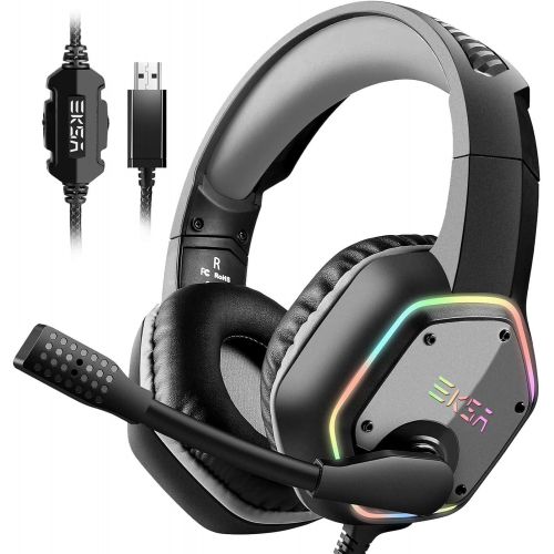  [아마존베스트]EKSA USB Gaming Headset for PC - Computer Headphones with 7.1 Surround Sound Stereo Noise Canceling Mic/Microphone RGB Light - Gaming Headphones for PS4/PS5 Console Laptop