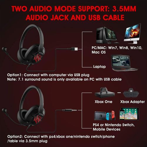  [아마존베스트]EKSA Gaming Headset for PC PS4 Xbox One, Over-Ear Gaming Headphones Virtual 7.1Surround Sound with Removable Noise Cancelling Microphone for Laptop, Mac Computer, E3 Air Joy Pro