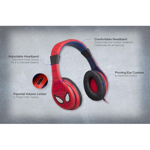  EKids Spiderman Kids Headphones, Adjustable Headband, Stereo Sound, 3.5Mm Jack, Wired Headphones for Kids, Tangle-Free, Volume Control, Foldable, Childrens Headphones Over Ear for School