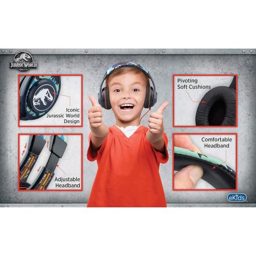  EKids Jurassic World 2 Kids Headphones, Adjustable Headband, Stereo Sound, 3.5Mm Jack, Wired Headphones for Kids, Tangle-Free, Volume Control, Childrens Headphones Over Ear for School Ho