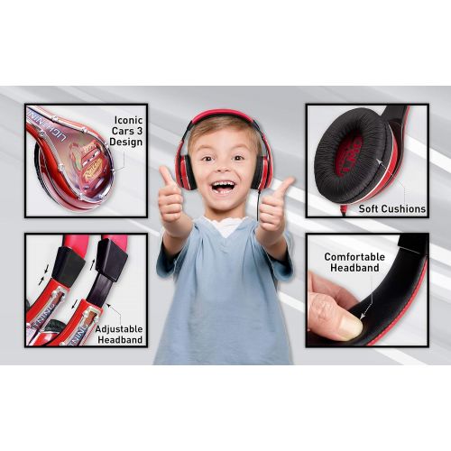  eKids Cars Kids Headphones, Adjustable Headband, Stereo Sound, 3.5Mm Jack, Wired Headphones for Kids, Tangle Free, Volume Control, Childrens Headphones Over Ear for School Home, Tr