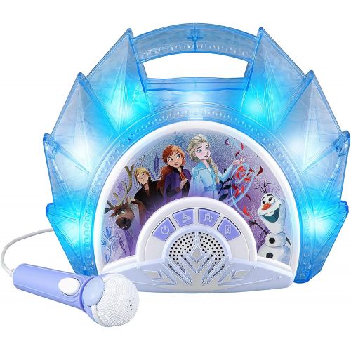  eKids Frozen Sing Along Boom Box Speaker with Microphone for Fans of Frozen Toys for Girls, Kids Karaoke Machine with Built in Music and Flashing Lights , Blue