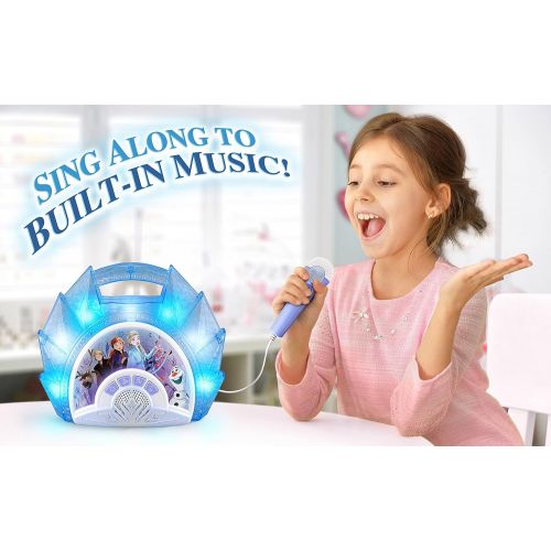  eKids Frozen Sing Along Boom Box Speaker with Microphone for Fans of Frozen Toys for Girls, Kids Karaoke Machine with Built in Music and Flashing Lights , Blue