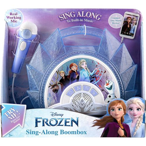  eKids Frozen Sing Along Boom Box Speaker with Microphone for Fans of Frozen Toys for Girls, Kids Karaoke Machine with Built in Music and Flashing Lights , Blue