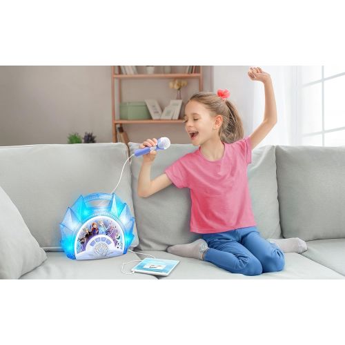  eKids Frozen Sing Along Boom Box Speaker with Microphone for Fans of Frozen Toys for Girls, Kids Karaoke Machine with Built in Music and Flashing Lights , Blue