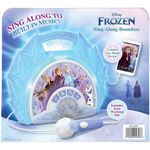  eKids Frozen Sing Along Boom Box Speaker with Microphone for Fans of Frozen Toys for Girls, Kids Karaoke Machine with Built in Music and Flashing Lights , Blue