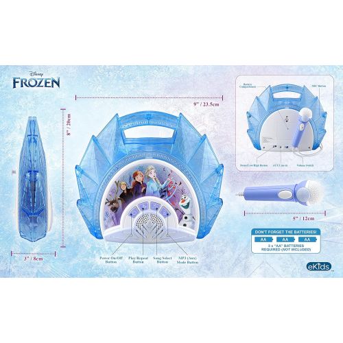  eKids Frozen Sing Along Boom Box Speaker with Microphone for Fans of Frozen Toys for Girls, Kids Karaoke Machine with Built in Music and Flashing Lights , Blue