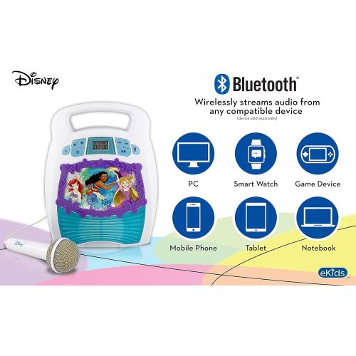  EKids Disney Princess Bluetooth Portable MP3 Karaoke Machine Player Light Show Store Hours of Music built in Memory Sing Along using Real Working Microphone Usb Port Expand Content, Disn