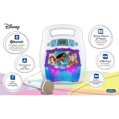  EKids Disney Princess Bluetooth Portable MP3 Karaoke Machine Player Light Show Store Hours of Music built in Memory Sing Along using Real Working Microphone Usb Port Expand Content, Disn