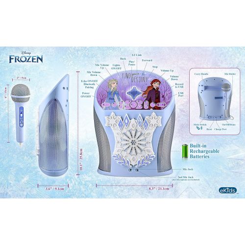  eKids Disney Frozen Karaoke Machine, Bluetooth Speaker with Microphone for Kids, Speaker with USB Port to Play Music, Easily Access Frozen Playlists with New EZ Link Feature