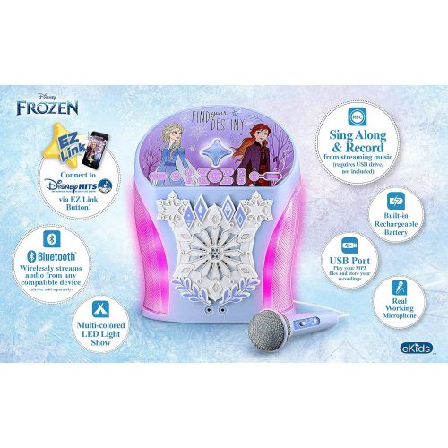  eKids Disney Frozen Karaoke Machine, Bluetooth Speaker with Microphone for Kids, Speaker with USB Port to Play Music, Easily Access Frozen Playlists with New EZ Link Feature