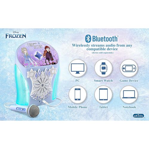  eKids Disney Frozen Karaoke Machine, Bluetooth Speaker with Microphone for Kids, Speaker with USB Port to Play Music, Easily Access Frozen Playlists with New EZ Link Feature