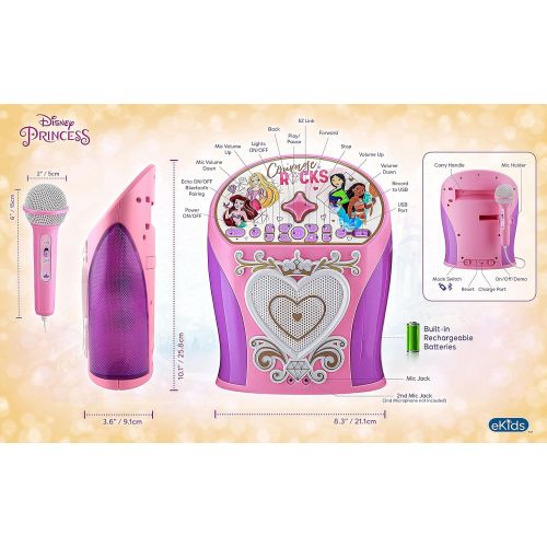  eKids Disney Princess Karaoke Machine, Bluetooth Speaker with Microphone for Kids, Speaker with USB Port to Play Music, Easily Access Disney Karaoke Playlists with New EZ Link Feat