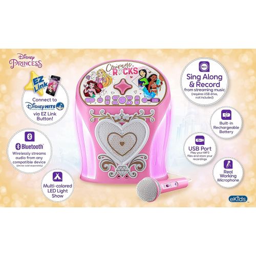  eKids Disney Princess Karaoke Machine, Bluetooth Speaker with Microphone for Kids, Speaker with USB Port to Play Music, Easily Access Disney Karaoke Playlists with New EZ Link Feat