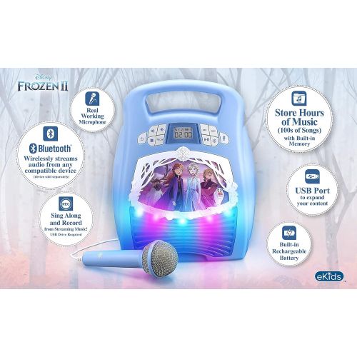  eKids Frozen 2 Bluetooth Portable MP3 Karaoke Machine Player with Light Show and Recording Feature Store Hours of Music with Built in Memory Sing Along Using The Real Working Mic