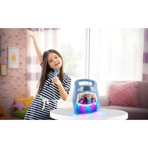  eKids Frozen 2 Bluetooth Portable MP3 Karaoke Machine Player with Light Show and Recording Feature Store Hours of Music with Built in Memory Sing Along Using The Real Working Mic