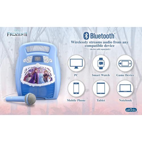  eKids Frozen 2 Bluetooth Portable MP3 Karaoke Machine Player with Light Show and Recording Feature Store Hours of Music with Built in Memory Sing Along Using The Real Working Mic