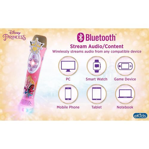  eKids Disney Princess Karaoke Microphone with Bluetooth Speaker, Wireless Microphone Connects to Disney Songs Via EZ Link Feature, for Fans of Disney Princess Toys