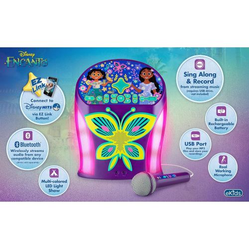  eKids Disney Encanto Karaoke Machine, Bluetooth Speaker with Microphone for Kids, Speaker with USB Port to Play Music, Easily Access Disney Playlists with New EZ Link Feature