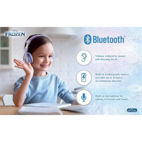  [아마존베스트]eKids Disney Frozen 2 Wireless Bluetooth Portable Kids Headphones with Microphone, Anna & Elsa Volume Reduced to Protect Hearing Stream Disney Plus, Adjustable Kids Headband for Sc